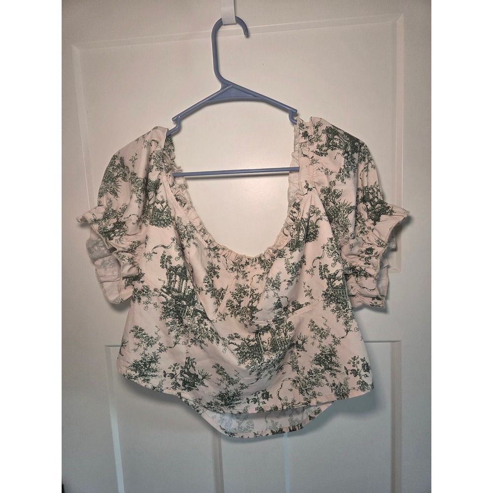 Cider Toile de Jouy Puff Sleeve Crop Top Olive Green Cottagecore Blouse 2XL NWT
